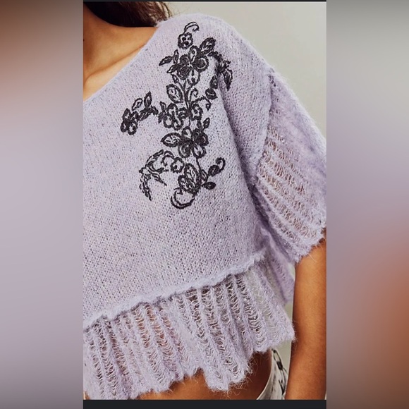 Free People Robin sheer crop Sweater Tee lavender with Black XS - Picture 3 of 8